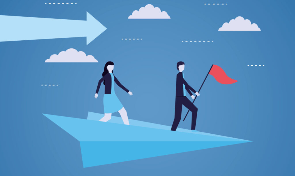 businessman and woman with flag on paper plane